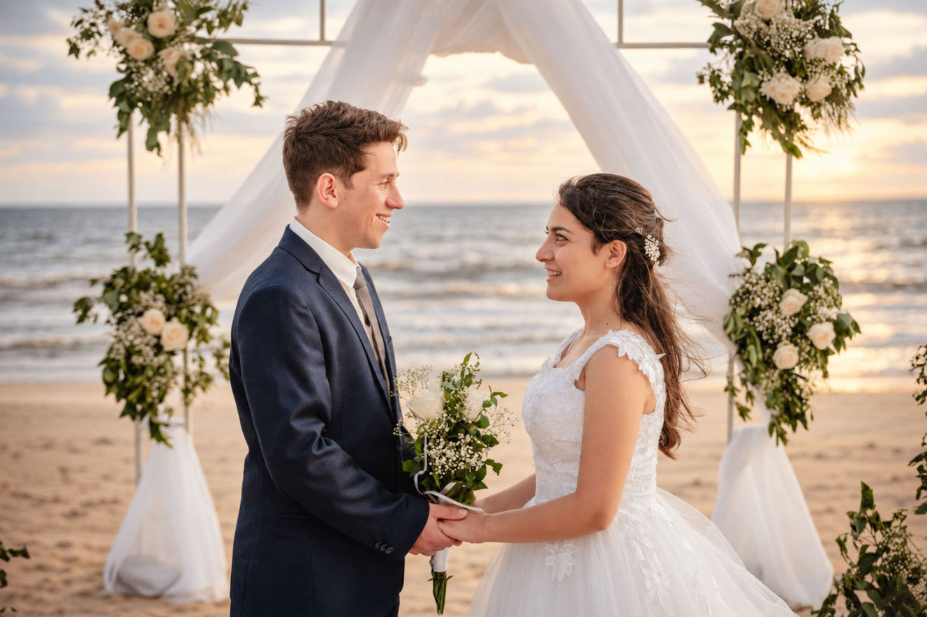 fotografia editorial de novios en la playa en medio del atardecer